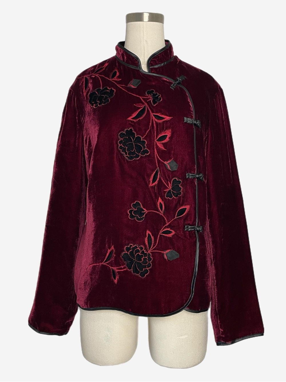 Vintage Y2K Carole Little red velvet floral embroidered mandarin jacket silk S/M
